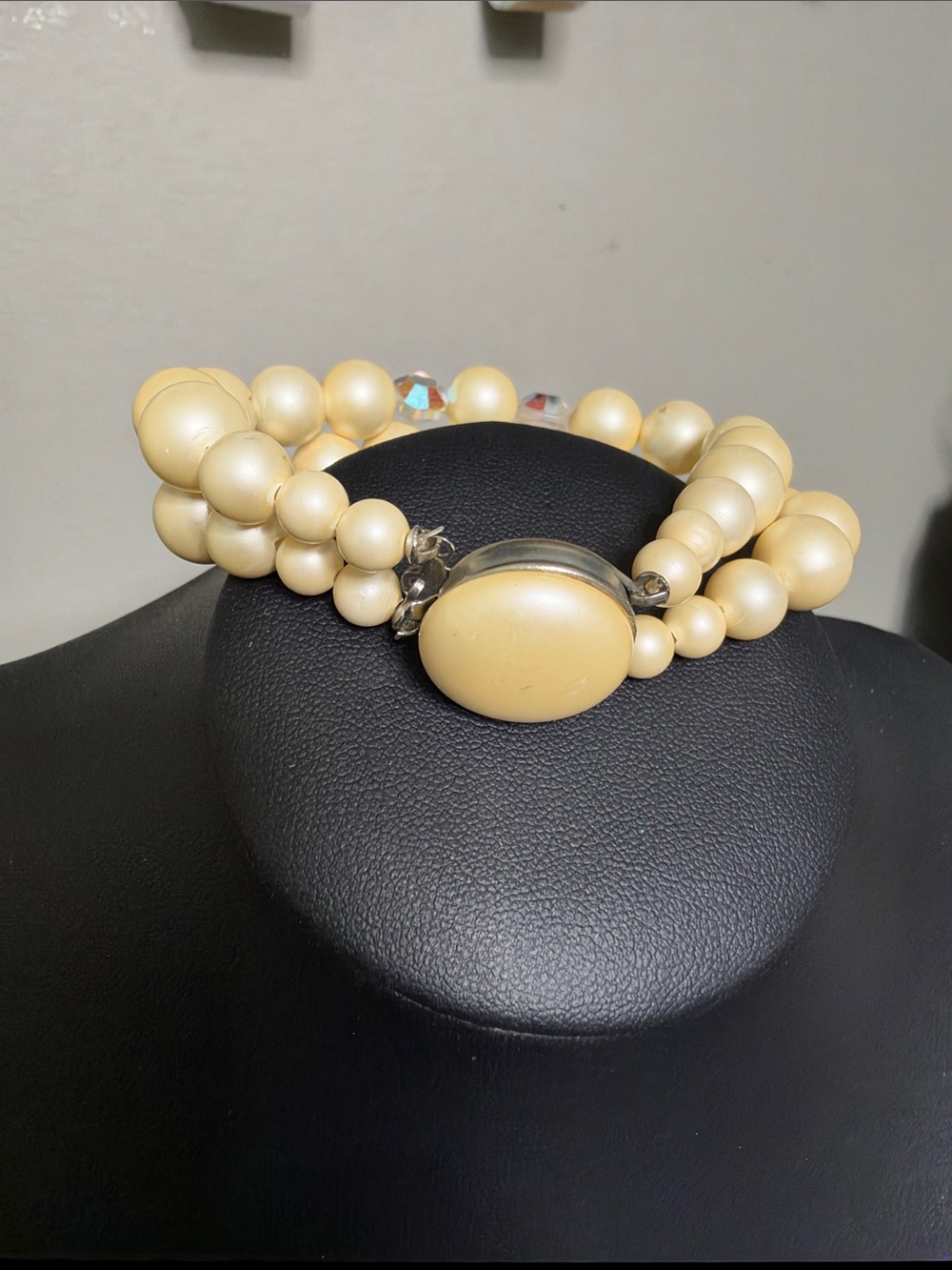 Vintage Cream Silver Layered Double Row Beaded Bracelet Oval Button Clasp